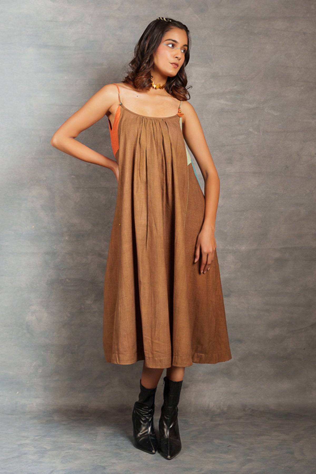 Buy Bronze Cotton Flared Midi Dress by Thread Game for women online at ScrollnShops